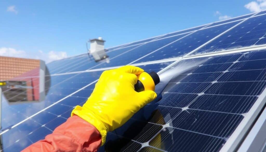 Eine Solaranlage in Oberhausen, die gründlich gereinigt wird.