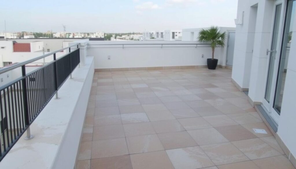 Eine Terrasse mit sauberen Steinplatten
