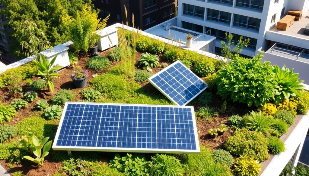 Eine grüne Dachlandschaft mit Pflanzen und einer Solaranlage