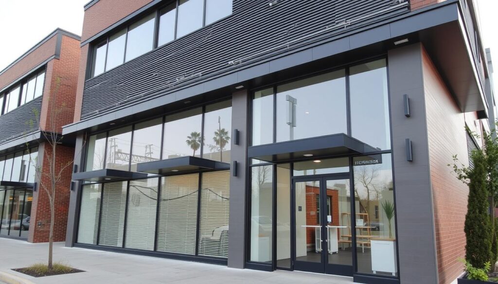 Eine moderne Gewerbeimmobilie mit sauberer Fassade