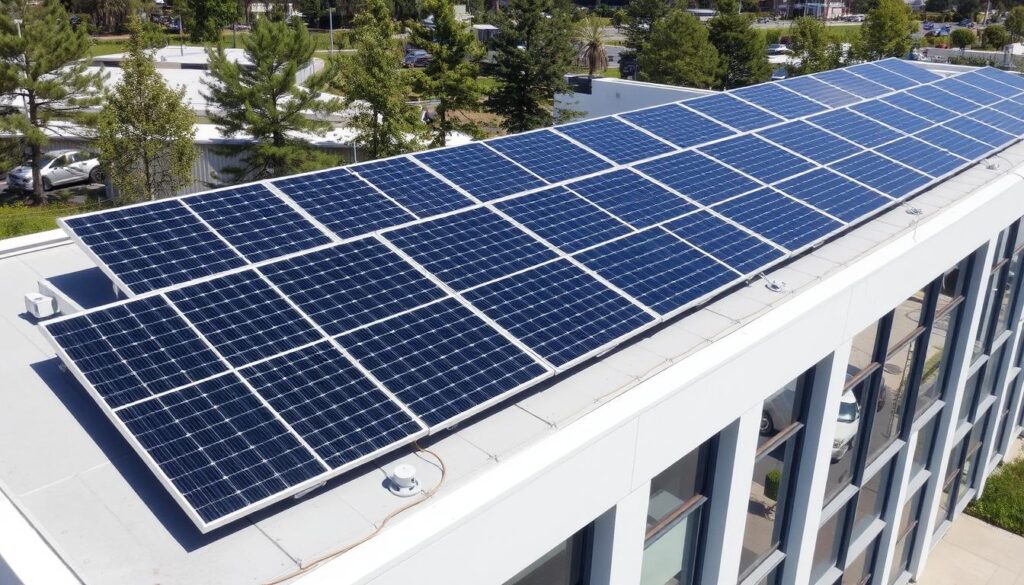 Eine professionell gereinigte Solaranlage auf einem Bürogebäude