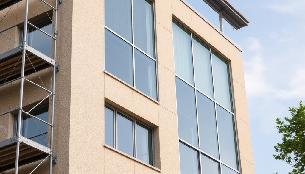 Erstellen Sie ein Bild von einer sauberen Fassade ohne Gerüst