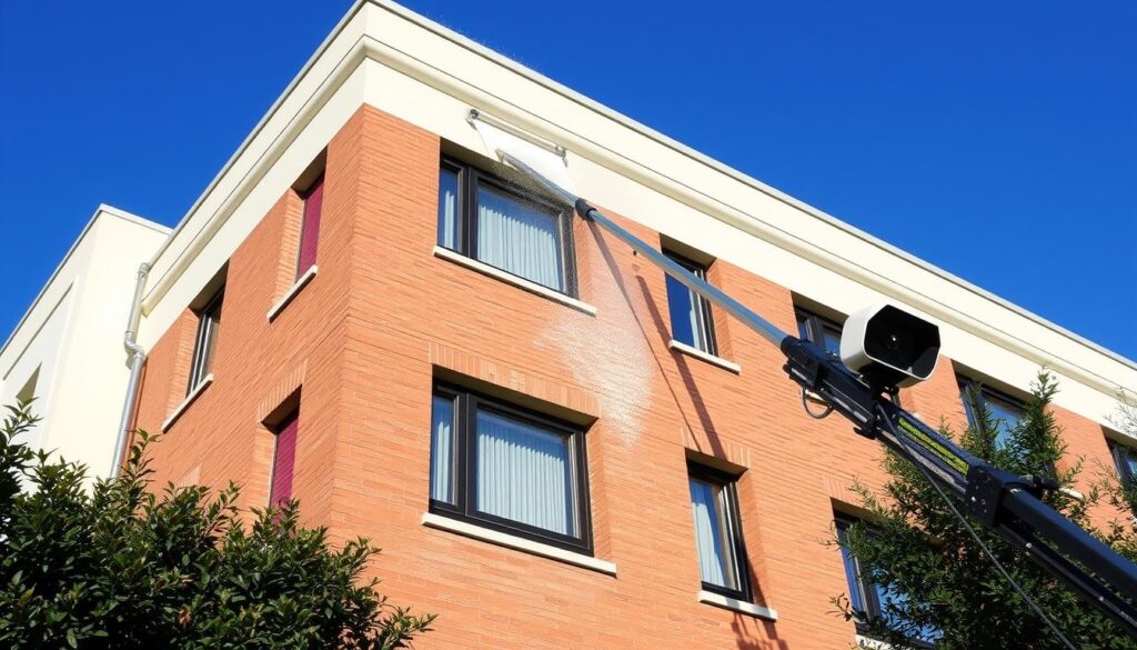 Erstellung eines Bildes einer Fassade, die mit Teleskoptechnik gereinigt wird