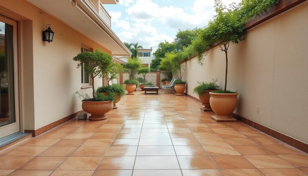 Generiere ein Bild von sauberen Terrassenplatten dank professioneller Reinigung