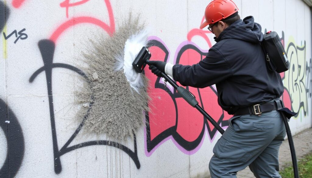 Graffiti auf einer Wand in Oberhausen, das professionell entfernt wird.