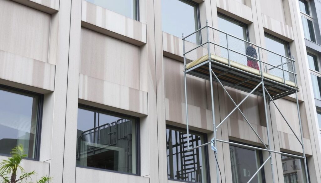 Image Generation Prompt: Eine moderne Fassade wird ohne Gerüst gereinigt