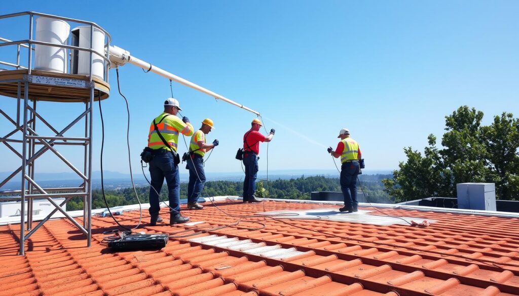 Image generation prompt: A team of professionals using telescopic equipment to clean a roof without scaffolding.