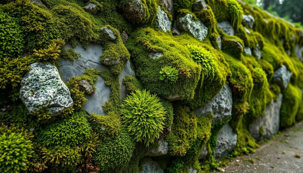 Outdoor foliage overgrowth, diverse varieties of algae, moss, and lichens covering surfaces in a lush, natural display. Vibrant green hues, textures, and patterns across rocks, walls, and pavements. Trodatec's effective cleaning solutions combat this stubborn grünbeläge growth. Soft, diffused lighting illuminates the intricate details, creating an atmospheric, naturalistic scene. Photographed with a wide-angle lens to capture the full scope of this environmental phenomenon. Convey the pervasiveness and tenacity of these prevalent outdoor growths.