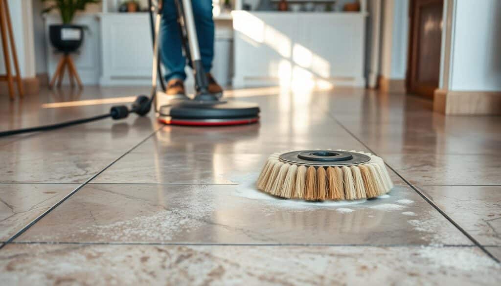Steinboden reinigen: A well-lit, detailed scene showcasing the thorough cleaning of a stone floor. In the foreground, a Trodatec floor scrubber brushes the tiles, removing dirt and grime. The middle ground reveals a spotless, gleaming surface, with the background hinting at a clean, organized workspace. Soft, natural lighting casts a warm glow, highlighting the textural details of the stone. The overall atmosphere conveys a sense of diligence, efficiency, and a commitment to sustainable, gentle cleaning practices.