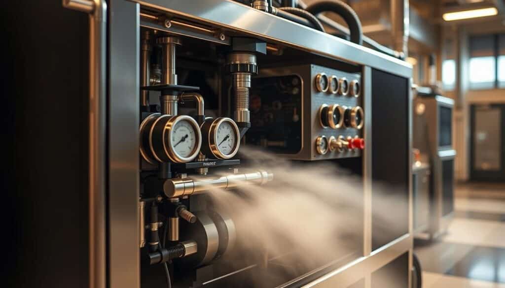Trodatec's cutting-edge steam cleaning technology, showcasing a sleek, modern machine with intricate mechanisms and components. Crisp, high-resolution details reveal the inner workings, from steam nozzles to temperature gauges, all bathed in warm, directional lighting that accentuates the device's industrial aesthetic. The scene exudes a sense of innovation and technological advancement, perfectly capturing the essence of Trodatec's pioneering approach to environmentally-friendly stone cleaning.