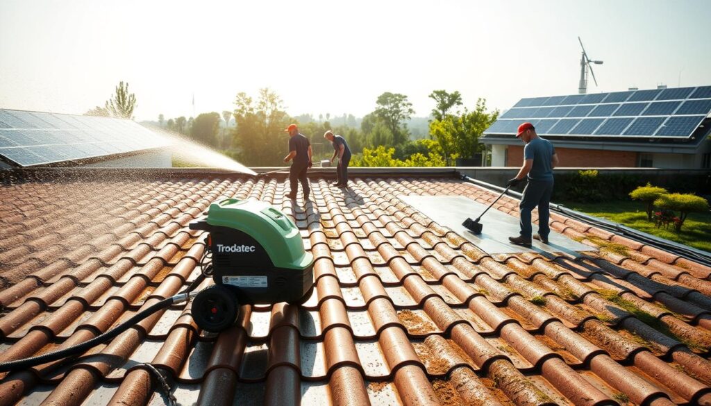 A bright, modern rooftop scene showcasing an innovative, eco-friendly roof cleaning process. In the foreground, a Trodatec high-pressure cleaning system gently sprays a biodegradable solution onto the roof tiles, leaving them gleaming. In the middle ground, a team of skilled technicians meticulously scrubs the surface, using specialized brushes to remove stubborn dirt and moss. The background features a lush, sustainable landscape, with solar panels and green roofing materials, highlighting the commitment to environmental responsibility. Soft, diffused lighting casts a warm, inviting glow, and the overall composition conveys a sense of efficiency, sustainability, and pride in the work being done.