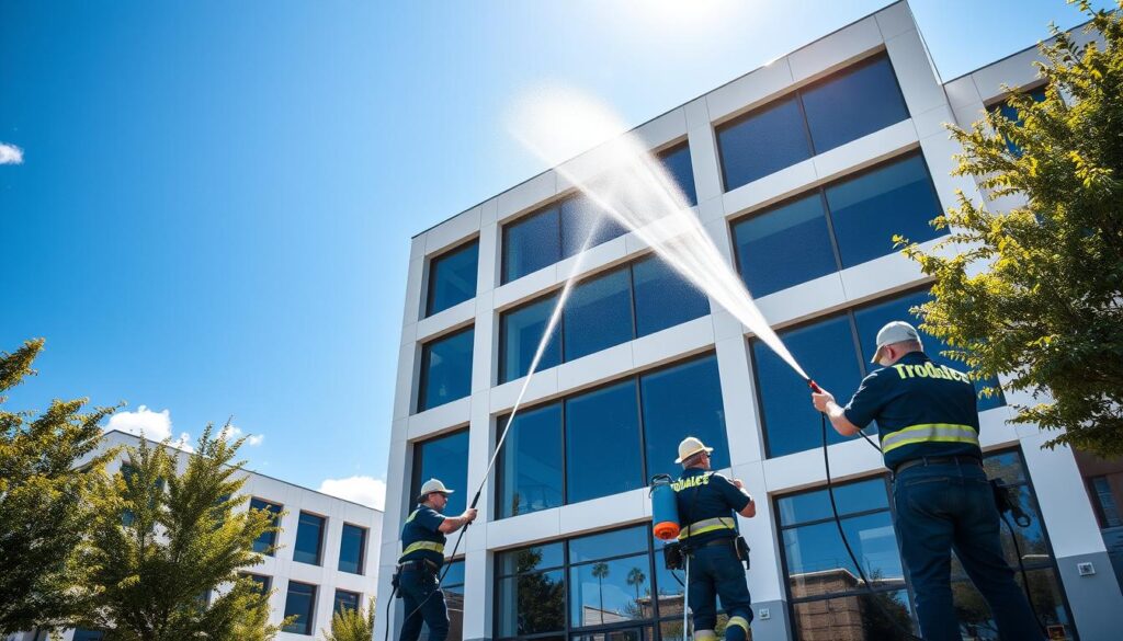 A bright, sunny day with a modern, multi-story building in the foreground. The facade is adorned with large windows and clean, angular lines. A team of Trodatec professionals, equipped with high-pressure washers and specialized cleaning solutions, are carefully removing dirt and grime from the exterior, restoring the building's pristine appearance. The scene conveys a sense of professionalism and attention to detail, highlighting the importance of regular facade maintenance for both aesthetic and functional purposes.