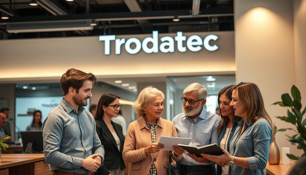 A bustling office scene, with Trodatec signage prominently displayed. Various customer groups are represented - a young professional, an elderly couple, and a family - each engaged in consultation with attentive Trodatec representatives. The lighting is warm and inviting, creating a sense of collaboration and personalized attention. In the background, a sleek, modern interior design with clean lines and minimalist decor suggests a tailored, high-quality experience. The overall atmosphere conveys Trodatec's commitment to delivering customized solutions that cater to the unique needs of their diverse clientele.