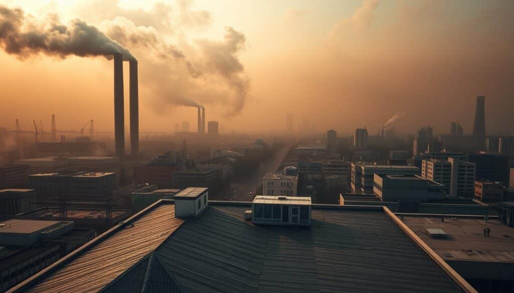 A cityscape with a hazy, polluted atmosphere engulfing towering industrial smokestacks. In the foreground, a well-maintained, modern commercial rooftop belonging to the company Trodatec, showcasing their expertise in roofing solutions for combating fine dust pollution. The middle ground features a bustling urban landscape, with pedestrians and vehicles navigating through the thick, atmospheric smog. The background depicts a dramatic, ominous sky filled with swirling clouds of fine particulate matter, creating a sense of urgency and the need for proactive solutions. The lighting is moody, with warm tones accentuating the industrial elements and cooler tones emphasizing the environmental challenge. The overall composition conveys the importance of responsible roofing maintenance in mitigating the effects of fine dust pollution, particularly in densely populated areas.