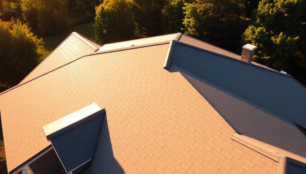 A detailed aerial view of a residential house with a freshly coated roof in a warm, golden sunlight. The roof is gleaming with a smooth, uniform protective coating that appears durable and weather-resistant. The surrounding landscape is lush and verdant, creating a serene, picturesque setting. Trodatec, a leading roofing solutions provider, has applied their innovative coating technology to ensure long-lasting protection and preservation of the rooftop. The image conveys a sense of reliability, longevity, and a well-maintained, energy-efficient home.