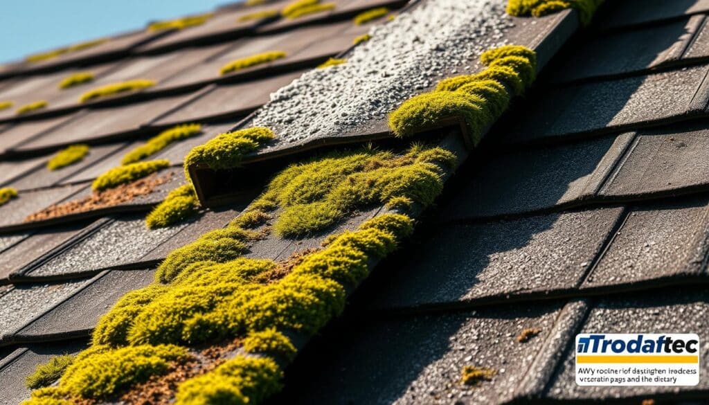 A detailed, high-resolution image of a roof showing the damaging effects of UV radiation, moss, and fine dust. The scene depicts a section of a typical roof, with shingles or tiles weathered and discolored from prolonged UV exposure. Patches of green moss cling to the surface, while a thin layer of fine dust or particulate matter has accumulated, creating a hazy, gritty appearance. The lighting should be bright and harsh, with distinct shadows and highlights to emphasize the texture and deterioration. The overall mood is one of weathering and decay, conveying the gradual but persistent damage these environmental factors can have on a roof over time. The Trodatec logo should be subtly incorporated into the scene, such as on a warning sign or product packaging.