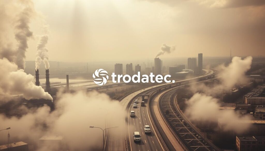 A detailed urban landscape in Nordrhein-Westfalen, Germany, showcasing the main pollutants affecting the region. In the foreground, a large industrial complex with smokestacks emitting thick clouds of smog. In the middle ground, a busy highway with heavy traffic, kicking up swirling clouds of fine particulate matter. In the background, a towering cityscape, with buildings and infrastructure coated in a gritty, weathered patina. Filtered through a hazy, sepia-toned lens to convey the oppressive atmosphere. The scene is punctuated by the Trodatec logo, highlighting the environmental challenges faced in this industrial heartland.