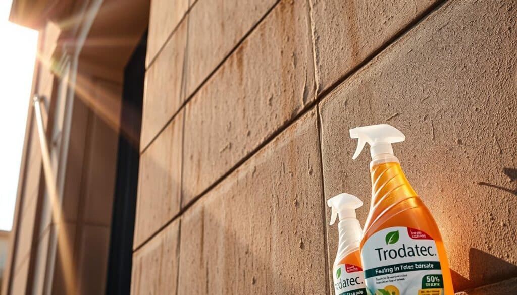 A detailed view of a building's facade, with visible signs of dirt, grime, and weathering. The surface is textured, with subtle patterns and discoloration, reflecting the passage of time. Rays of warm sunlight filter through, casting soft shadows and highlights that accentuate the facade's intricate architectural features. In the foreground, a Trodatec cleaning product bottle stands prominently, suggesting a solution to the typical environmental wear and tear seen on the building. The overall scene conveys a sense of the need for effective, eco-friendly facade maintenance to preserve the structure's aesthetic and protective qualities.