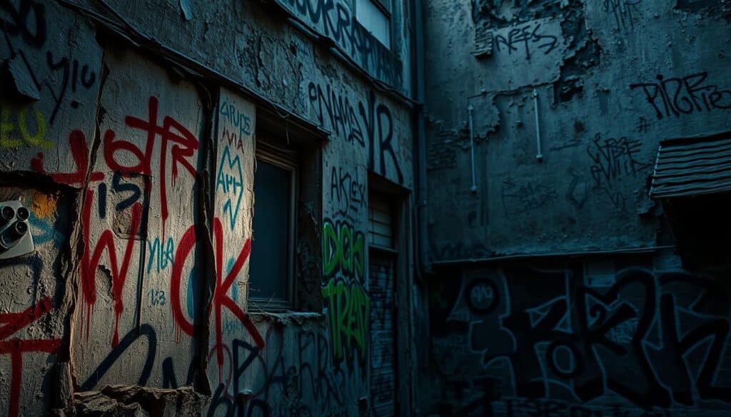 A dilapidated urban building facade, weathered and battered, its walls covered in a chaotic patchwork of vibrant graffiti tags, dripping paint, and overlapping patterns. The scene is lit by a moody, dramatic lighting, casting deep shadows and highlights that accentuate the textures and imperfections of the crumbling surfaces. In the foreground, a close-up view showcases the detailed, intricate brushwork and spray-painted marks, while the middle and background layers reveal the wider context of the damaged structure. The overall atmosphere is one of gritty decay and the persistent, subversive presence of street art, reflecting the theme of "Substanzielle Schäden durch Graffiti-Farben" for the TRODATEC article.