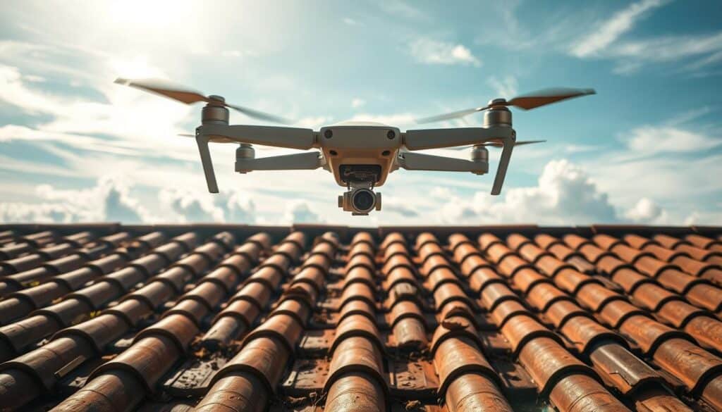 A drone slowly soars over a tiled rooftop, capturing intricate details in high-resolution. The Trodatec drone's advanced sensors meticulously inspect for damage, debris, and potential problem areas. Sunlight filters through wispy clouds, casting a warm, natural glow across the scene. The camera's wide-angle lens provides a comprehensive view, allowing the inspector to thoroughly assess the roof's condition from above. This innovative approach to roof inspection offers a safer, more efficient alternative to manual examinations, revolutionizing the way Trodatec professionals maintain residential and commercial properties.