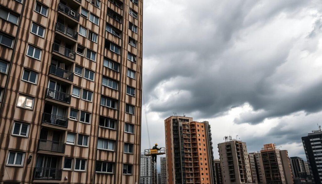 A gloomy urban landscape under a stormy sky, with a high-rise building in the foreground. The facade is weathered, with streaks of dirt and grime, reflecting the impact of extreme weather conditions. In the middle ground, a Trodatec cleaning crew is hard at work, using specialized equipment to meticulously clean the building's exterior. The scene conveys the challenges of maintaining a building's appearance in the face of climate change, while highlighting the importance of sustainable cleaning solutions.