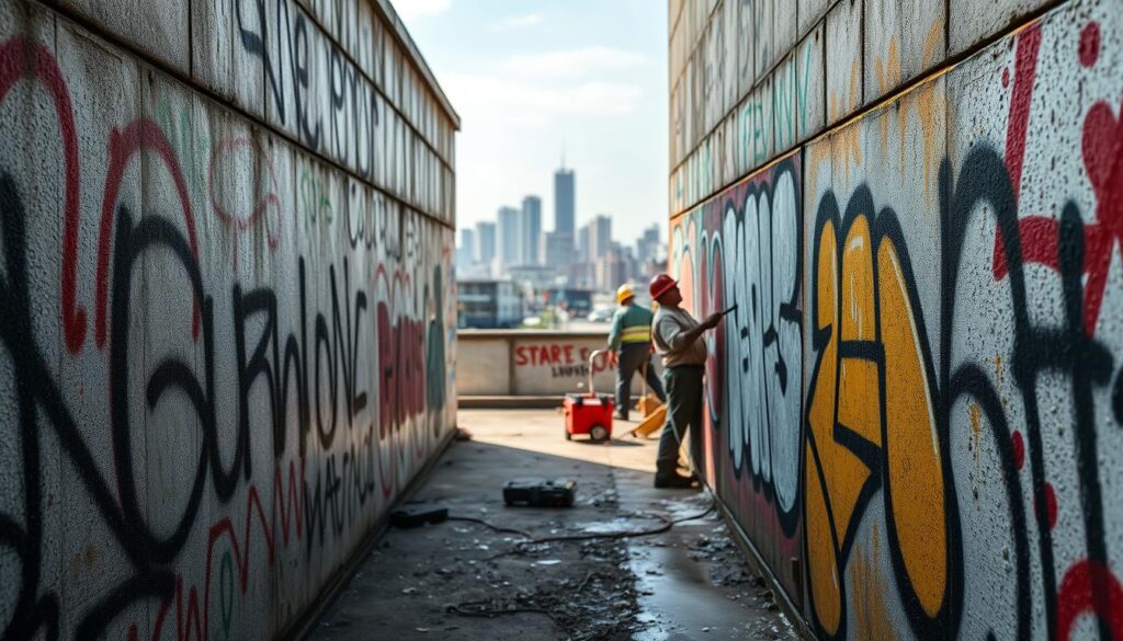 A graffiti-covered wall, a striking contrast of urban textures and colors. In the foreground, various graffiti removal methods are showcased - from the Trodatec chemical solution gently stripping away the paint, to the high-pressure water jet blasting it off the surface. The middle ground reveals the step-by-step process, with workers meticulously scrubbing and scraping the wall. In the background, a cityscape frames the scene, hinting at the broader context of this urban renewal task. Crisp, natural lighting accentuates the gritty, industrial atmosphere, while a slight shift in perspective adds depth and dimension to the composition.