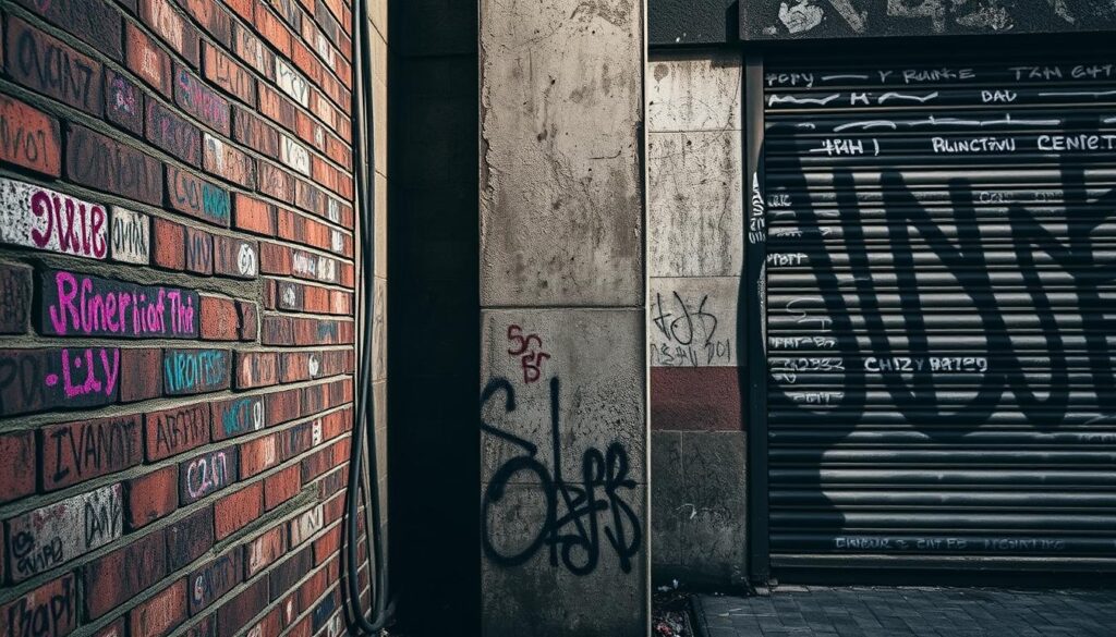 A gritty urban scene showcasing the diverse surfaces where Trodatec's graffiti removal expertise shines. In the foreground, a brick wall peppered with vibrant tags and splatters, begging to be cleansed. The middle ground reveals a weathered concrete column, its graffiti-laden surface awaiting Trodatec's specialized treatment. In the background, a metal shutter adorned with layers of street art, presenting a unique challenge for the skilled technicians. Dramatic shadows and highlights sculpt the textures, while a moody, desaturated color palette evokes the industrial setting. The overall composition conveys the complex, multifaceted nature of graffiti removal on various building materials, hinting at Trodatec's comprehensive capabilities.