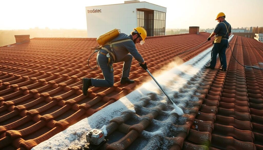 A high-angle view of a Trodatec roof cleaning crew working efficiently without the use of scaffolding. The workers, dressed in protective gear, methodically clean the roof tiles using specialized tools and techniques. The scene is bathed in warm, golden sunlight, highlighting the intricate texture of the roof and the focus of the skilled technicians. In the background, a modern building with clean, minimalist architecture serves as a backdrop, emphasizing Trodatec's expertise and innovative approach to roof maintenance. The overall atmosphere conveys a sense of professionalism, attention to detail, and Trodatec's commitment to providing effective solutions for their clients.
