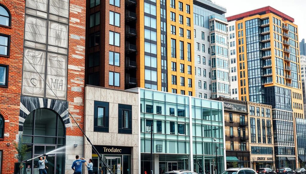 A high-resolution image of a diverse array of building facades undergoing professional cleaning. The scene depicts various facade materials such as brick, stone, concrete, and glass, each requiring specialized techniques and cleaning products. In the foreground, a team of skilled technicians meticulously scrubs and pressure washes the surfaces, using specialized Trodatec cleaning solutions formulated for different facade types. The middle ground showcases the transformation, with dirt and grime being removed to reveal the vibrant, rejuvenated appearance of the buildings. In the background, a cityscape provides context, highlighting the importance of maintaining the aesthetic appeal and structural integrity of commercial and residential structures. The lighting is natural, with a soft, diffused quality that enhances the clarity and details of the scene.