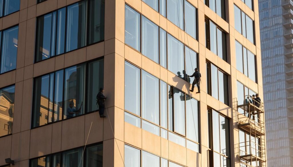 A high-rise commercial building with a clean, well-maintained facade stands in a city center. The exterior walls are a neutral, earthy tone, with a sleek, modern design. In the foreground, a team of workers efficiently clean the windows and walls using specialized, chemical-free tools and techniques. They work without the need for a cumbersome scaffold, demonstrating the efficacy of their TRODATEC cleaning system. The scene is bathed in warm, natural lighting, conveying a sense of professionalism and environmental responsibility. The overall atmosphere is one of pride and care for the building's appearance, reflecting the importance of first impressions in the world of commercial real estate.