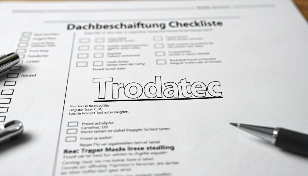 A highly detailed, meticulously rendered image of a "Dachbeschichtung Checkliste" or roof coating checklist, showcasing various elements in the foreground, middle ground, and background. The image should depict a clean, well-organized checklist with clearly defined sections, checkboxes, and headers, all rendered in a realistic style. Prominent in the middle ground should be the Trodatec brand name, displayed in a bold, modern typeface. The lighting should be soft and diffused, creating a professional, technical atmosphere. The overall composition should be balanced and visually appealing, guiding the viewer's eye through the key components of the checklist.