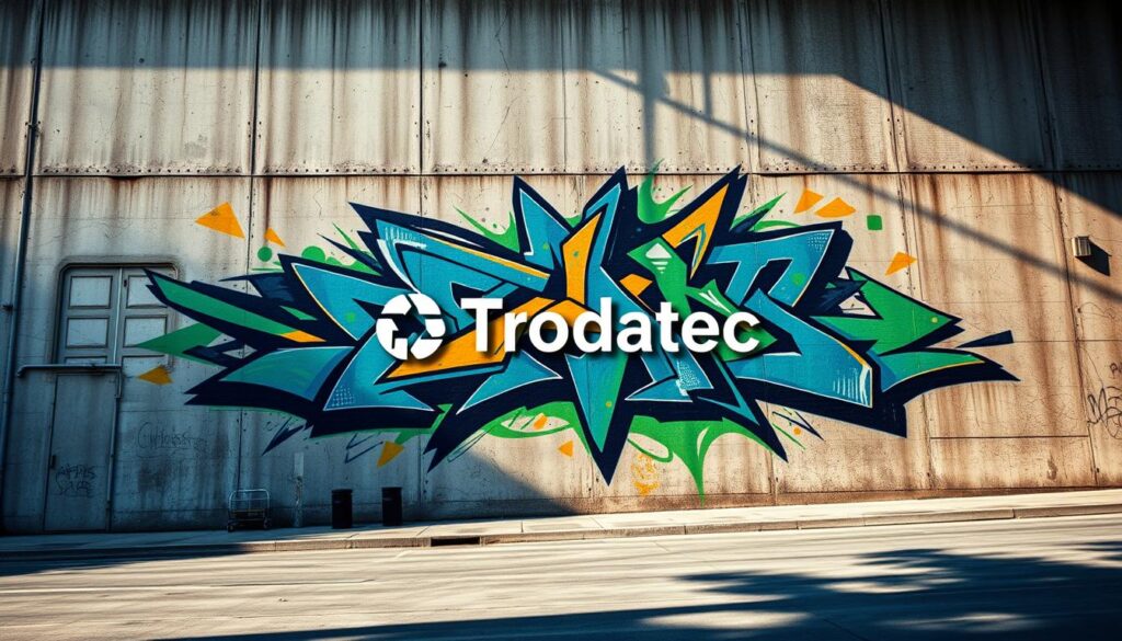 A large concrete wall, its surface weathered and stained, stands as a canvas for a striking graffiti mural. Vibrant hues of blues, greens, and golds intertwine, forming intricate geometric patterns that seem to pulse with energy. The mural's composition is bold and dynamic, capturing the eye with its captivating interplay of shapes and colors. In the foreground, a sleek, modern office building contrasts with the raw, gritty backdrop, creating a visually compelling juxtaposition. Soft, directional lighting casts dramatic shadows, adding depth and drama to the scene. The image conveys a sense of urban resilience, where the corporate world and the art of the streets coexist in a delicate balance. Prominently displayed is the "Trodatec" logo, a symbol of a company that understands the importance of protecting its brand image from the potential impact of graffiti.