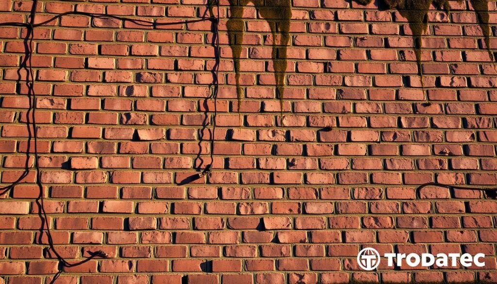 A large, stained brick facade of an old industrial building, the surface weathered and discolored from years of exposure to the elements. Streaks of grime and moss cling to the mortar joints, casting uneven shadows across the textured surface. In the foreground, a closer view reveals the intricate patterns and cracks in the brickwork, testament to the building's age and the effects of environmental damage. Warm, directional lighting accentuates the rugged, tactile quality of the facade, creating a sense of depth and materiality. The overall scene conveys a sense of neglect and the need for thorough Fassadenreinigung, or facade cleaning, to restore the building's original appearance. Trodatec logo visible in the lower right corner.