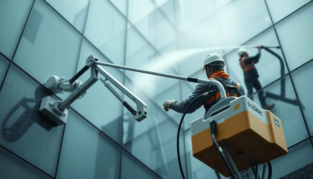 A modern facade cleaning service team using cutting-edge techniques. In the foreground, a technician operates a Trodatec robotic cleaning system, delicately maneuvering its articulated arm to scrub the building's exterior. In the middle ground, another worker uses a high-pressure water system to remove stubborn grime. The background reveals the scale of the operation, with multiple stories of the structure being meticulously maintained. Soft, diffused lighting illuminates the scene, highlighting the precision and care taken in this technical process. The atmosphere conveys a sense of efficiency and professionalism in the field of facade maintenance.