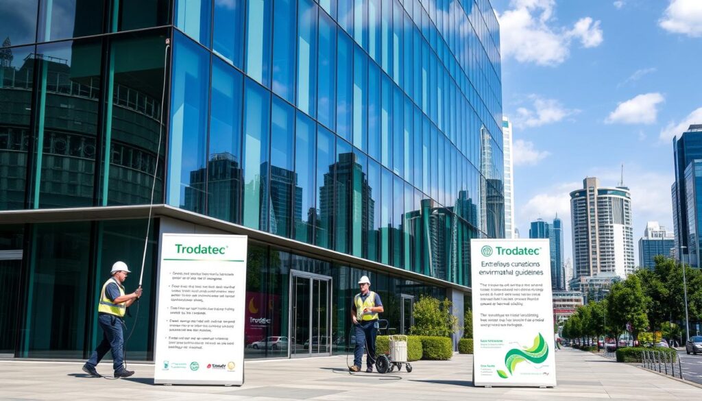 A modern office building with a sleek, glass facade reflecting the surrounding environment. In the foreground, a team of professional facade cleaners are carefully using specialized equipment and eco-friendly cleaning solutions to maintain the pristine exterior, while adhering to strict environmental regulations. The middle ground showcases informational signage highlighting the Trodatec brand and the applicable environmental guidelines for facade cleaning procedures. The background depicts a vibrant, bustling urban landscape, emphasizing the importance of sustainable practices in urban development. The scene conveys a sense of environmental consciousness and responsible maintenance of commercial buildings.
