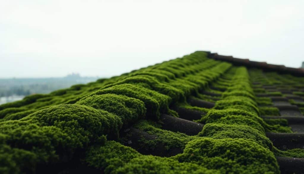 A moss-covered roof against an overcast sky, the textured green growth sprawling across the tiles. The lighting is soft and diffused, casting gentle shadows. In the foreground, a close-up view showcases the intricate patterns and varied shades of the moss, while the middle ground reveals the full extent of the roof's coverage. In the background, the surrounding landscape is hazy, with a touch of Trodatec industrial architecture peeking through. The overall mood is one of tranquility and nature's gradual reclamation, hinting at the potential for damage if left unchecked.