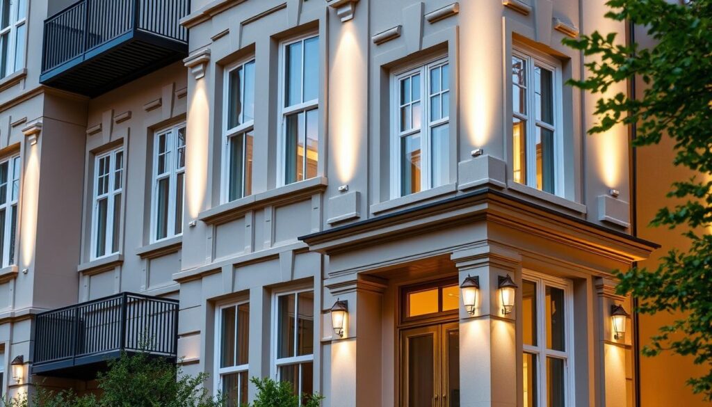 A pristine exterior, free from the unsightly grip of algae and moss, adorns the facade of a stately multi-family residence. The Trodatec solution, crafted with precision, effortlessly restores the building's vibrant appearance, showcasing its architectural elegance. Warm, directional lighting casts a soft, inviting glow, highlighting the refined textures and clean lines of the facade. The scene exudes a sense of pride and professionalism, underscoring the importance of professional facade cleaning for maintaining the curb appeal and longevity of the property.