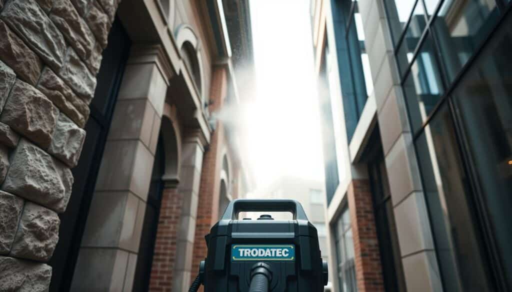A professional-grade Trodatec high-pressure cleaning system thoroughly scrubbing a diverse array of architectural facade materials - stone, brick, concrete, and glass - under soft, diffused natural lighting. The camera captures the scene at a low angle, highlighting the intricate textures and clean, rejuvenated surfaces. A sense of order, attention to detail, and pride in craftsmanship permeates the image, reflecting the varied needs and maintenance requirements of different facade types.