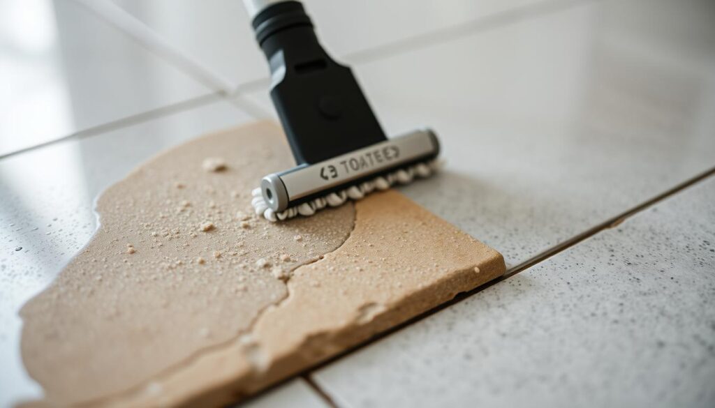 A professional, high-quality image of "steinreinigung" (stone cleaning) for the "TRODATEC: Top5 Gründe für unsere Reinigungslösungen" article, specifically the "Vergleich: Selbstreinigung vs. professionelle Reinigung durch TRODATEC" section. The image depicts a close-up view of a stone surface undergoing professional cleaning by TRODATEC. The foreground shows a specialized cleaning tool gently scrubbing the stone, removing built-up grime and discoloration. The middle ground showcases the transformation, with the cleaned section contrasting sharply with the untreated areas. The background features a neutral, slightly blurred setting, allowing the cleaning process to be the focal point. The lighting is soft and diffused, highlighting the texture and details of the stone surface. The camera angle is slightly angled, providing a dynamic and engaging perspective. The overall mood is one of meticulous attention to detail and the effectiveness of TRODATEC's professional cleaning solutions. Prompt a close-up view of