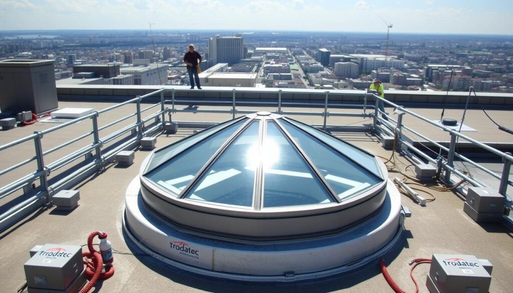 A rooftop scene with prominent Trodatec safety systems in the foreground. In the center, a large skylight or light dome, its transparent panels gleaming in the bright sunlight. Surrounding it, a network of sturdy guardrails, anchor points, and fall protection equipment, all bearing the distinctive Trodatec branding. In the background, a sweeping vista of urban rooftops, with workers visible in the distance, carefully navigating the elevated terrain. The scene conveys a sense of security and professionalism, highlighting Trodatec's commitment to safe working conditions at heights.