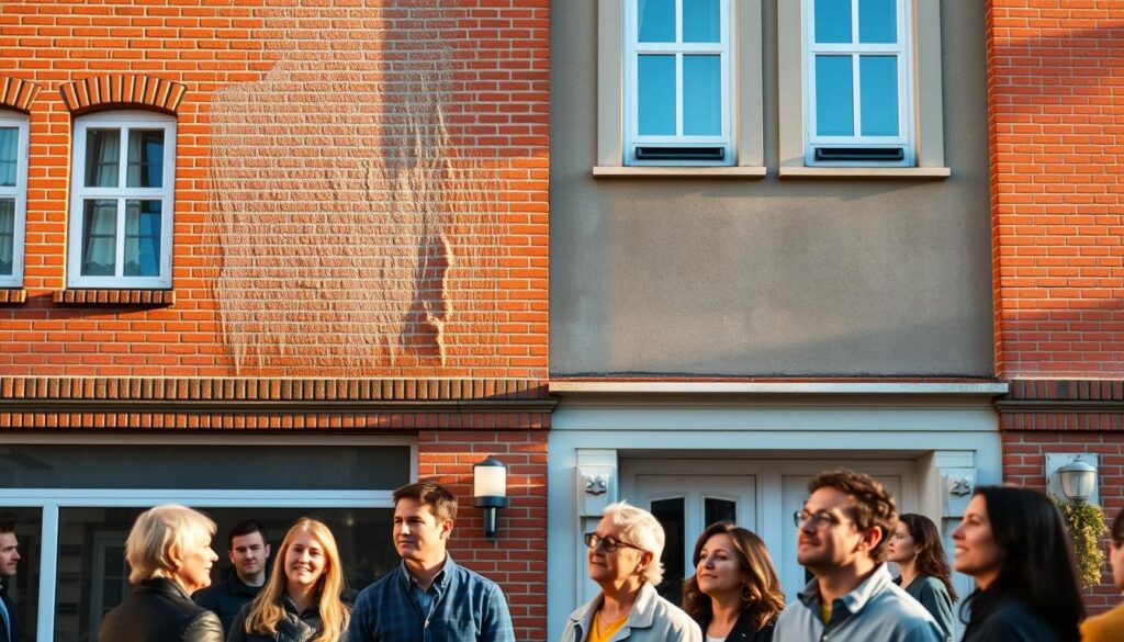 A serene and well-maintained Trodatec building facade, its surfaces gleaming after a thorough cleaning. The brickwork and architectural details stand out in warm, natural lighting, creating a sense of cleanliness and pride. In the foreground, a group of people admire the freshly cleaned exterior, their expressions conveying satisfaction with the Trodatec service. The scene captures the quality of the Trodatec-Fassadenreinigung (Trodatec facade cleaning) process, showcasing the expertise and care taken to deliver exceptional results.