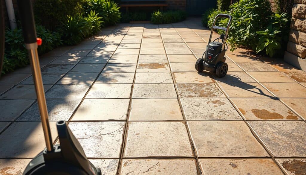 A sunlit stone terrace, its surface glistening with residual oil stains and dark patches of mold. In the foreground, a Trodatec pressure washer stands ready, its powerful spray hose poised to cleanse the weathered tiles. The middle ground reveals the varied textures of the stone, from smooth granite to pitted limestone, all in need of thorough scrubbing. Verdant plants line the perimeter, their lush foliage contrasting with the dull, discolored tiles. Warm, directional lighting casts shadows that emphasize the imperfections, guiding the viewer's eye towards the task at hand. This image captures the essence of the "Steinreinigung: Terrassen und Wege" section, inviting the reader to imagine the satisfying transformation from grimy to gleaming.