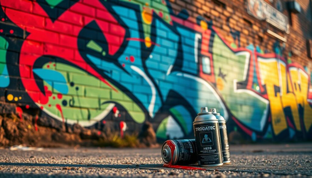 A vibrant mural of abstract graffiti art adorns the side of a weathered brick building. Bold splashes of color - reds, blues, greens, and yellows - intertwine in a dynamic, urban expression. Stylized shapes, angular lines, and flowing patterns create a mesmerizing visual tapestry. In the foreground, a pair of TRODATEC spray paint cans sit on the ground, their nozzles dripping with fresh paint. The scene is bathed in warm, diffused lighting, casting dramatic shadows that add depth and texture. The overall composition conveys a sense of vibrant, counter-cultural creativity, showcasing graffiti as a legitimate Kunstform and cultural phenomenon.