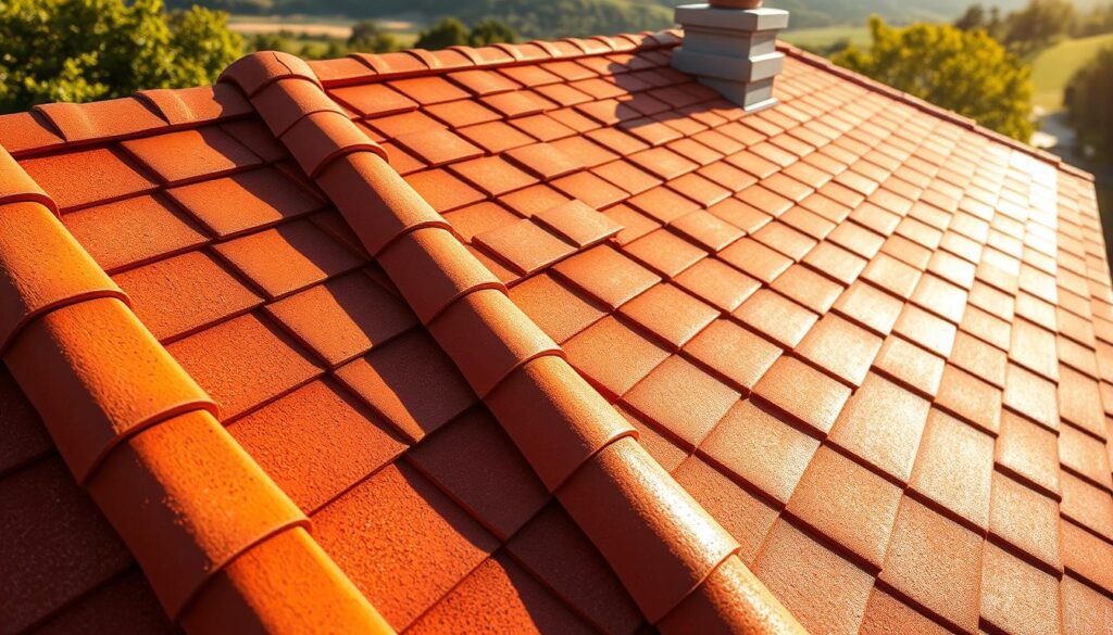 A vibrant, well-maintained roof coated with the high-quality Trodatec sealant, glistening under the warm afternoon sun. The shingles have a smooth, even texture, protected by a durable, weatherproof layer that enhances their natural hues. Sunlight casts soft shadows, creating depth and dimension, while the surrounding landscape provides a picturesque backdrop. The coating appears seamless, blending effortlessly with the roof's structure, promising long-lasting protection and a beautiful, cohesive aesthetic. This scene conveys the enduring durability and low-maintenance benefits of a professional Trodatec roof coating application.