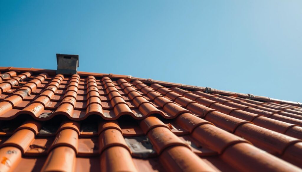 A weathered roof, its surface adorned with the Trodatec logo, stands against a backdrop of a clear blue sky. The coating glistens in the warm sunlight, reflecting the passage of time and the elements it has withstood. Tiles in varying shades of terracotta create a textured, intricate pattern, hinting at the durability and longevity of this roofing solution. In the foreground, a close-up view showcases the smooth, seamless application of the Trodatec coating, its resilience evident in the lack of cracks or peeling. The image conveys a sense of reliability, stability, and the enduring protection a well-maintained Dachbeschichtung can provide.