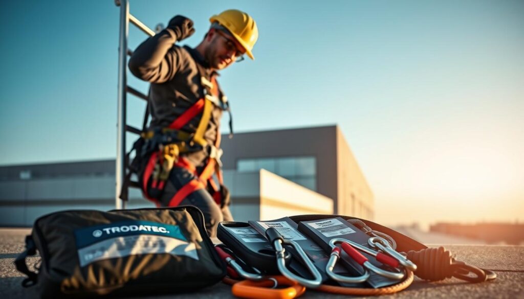 A well-equipped rooftop worker ascending a ladder, wearing a protective harness, hard hat, and heavy-duty gloves. In the foreground, a Trodatec brand safety kit lies open, showcasing essential equipment like carabiners, ropes, and safety goggles. The middle ground features a modern, flat-roofed building, bathed in soft, natural lighting. The background subtly fades into a blue sky, conveying a sense of serenity and professionalism. The overall scene emphasizes the importance of safety and proper personal protective equipment (PPE) during rooftop maintenance and cleaning tasks.