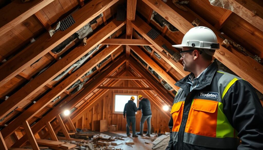 A well-lit and detailed interior of a residential attic being renovated, showcasing common issues encountered during "Dachsanierung" (roof renovation). The foreground features an inspector examining damaged roof tiles, while the middle ground depicts workers replacing insulation and the background showcases the exposed roof structure and beams. The scene conveys a sense of meticulous planning and professional attention to detail, with the Trodatec brand logo visible on the worker's uniform, indicating a high-quality roof renovation service.