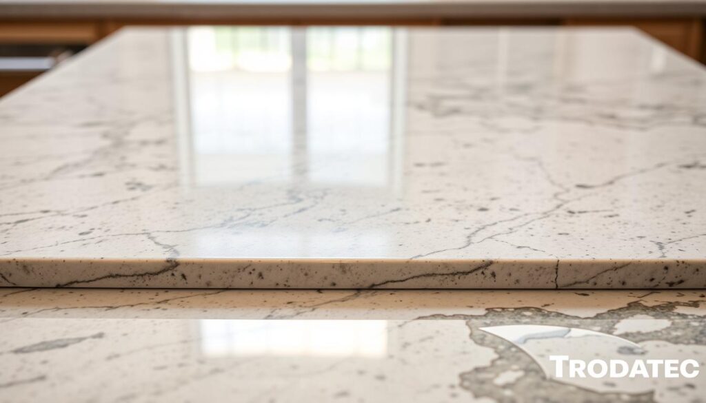 A well-lit, high-resolution photograph of a sparkling clean stone surface, showcasing the results of professional stone cleaning by Trodatec. The image depicts a polished granite or marble countertop, with a sleek, mirror-like finish that reflects the surrounding environment. The lighting is soft and diffused, creating a warm, inviting atmosphere. The composition emphasizes the textural details of the stone, highlighting its natural patterns and veining. The image conveys a sense of luxury, cleanliness, and the value of professional stone maintenance, perfectly illustrating the benefits of Trodatec's stone cleaning services.