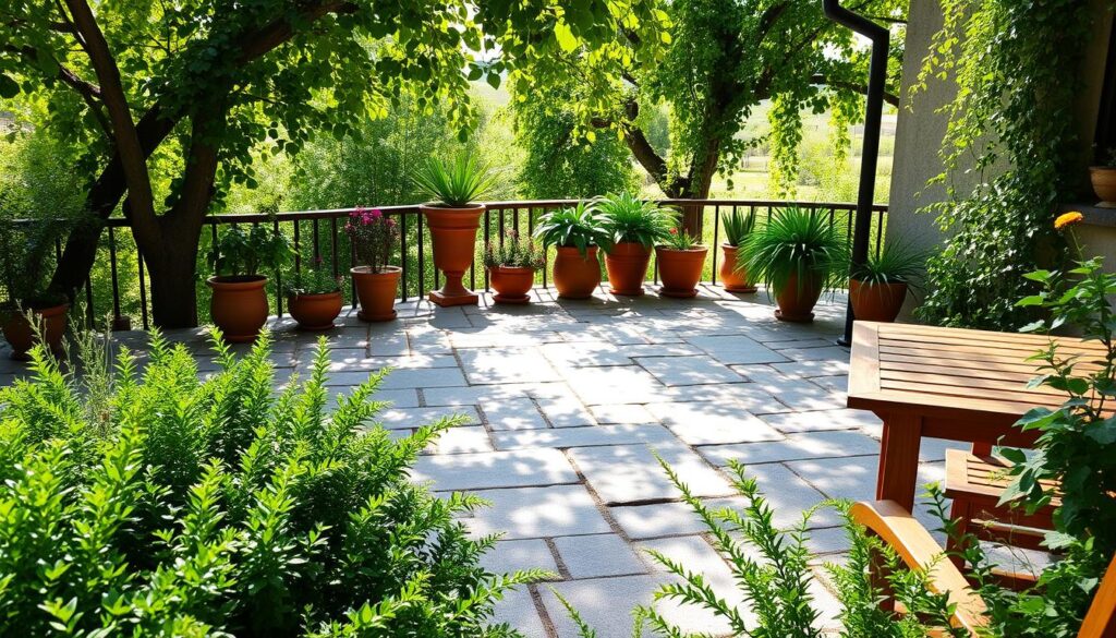 A well-maintained Trodatec terrace with a clean, uniform stone surface free of moss and grime. Dappled sunlight filters through lush potted plants and cascading vines, creating a serene, inviting atmosphere. In the foreground, neatly trimmed shrubs and herbs border the edges, their vibrant greens and delicate flowers adding pops of color. Wooden furniture, perhaps a table and chairs, are strategically placed to take advantage of the tranquil outdoor setting. The overall scene conveys a sense of relaxation and pride in one's outdoor living space, reflecting the care and attention taken in its Trodatec-assisted upkeep.