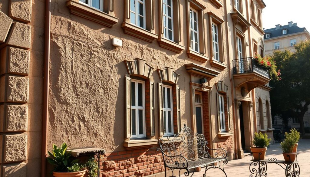 A well-weathered, textured facade of a classic European building, its surface glistening with a fresh coat of Trodatec water-repellent sealant. Sunlight casts warm shadows, highlighting the intricate architectural details - ornate moldings, sturdy bricks, and a wrought-iron balcony. The facade appears protected, revitalized, and ready to withstand the elements. In the foreground, potted plants and a wrought-iron bench create a welcoming, lived-in atmosphere. The background features a peaceful urban setting, with trees and other buildings framing the scene. The overall mood is one of timeless elegance, functionality, and a sense of lasting preservation.